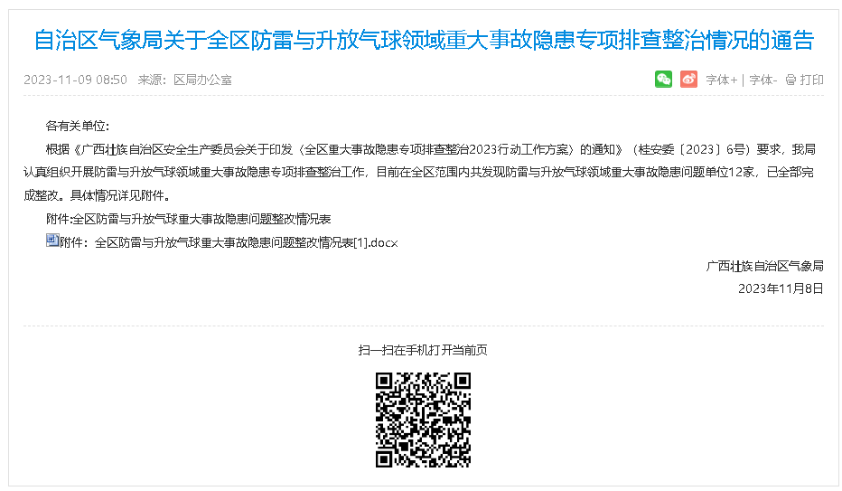 廣西氣象局公布全區(qū)防雷與升放氣球重大事故隱患問題整改情況表
